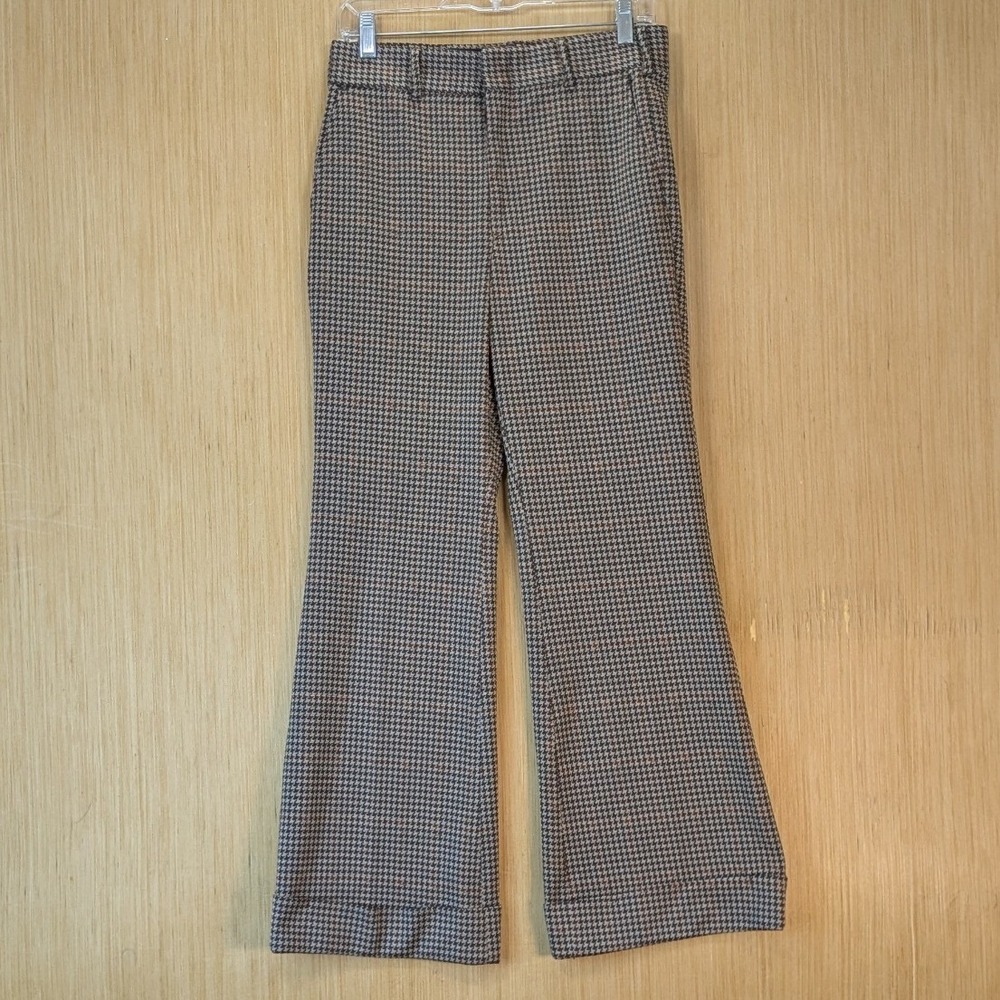 Vintage Lee Women 70s Houndstooth Flare Pants M Brown High Waist Cuffed Trousers